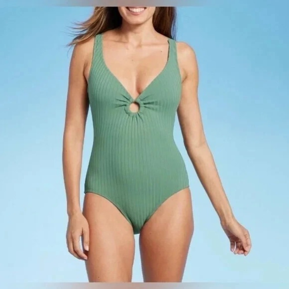 Women's Wide Ribbed Center Ring One Piece Swimsuit - Kona Sol Green Large NWOT